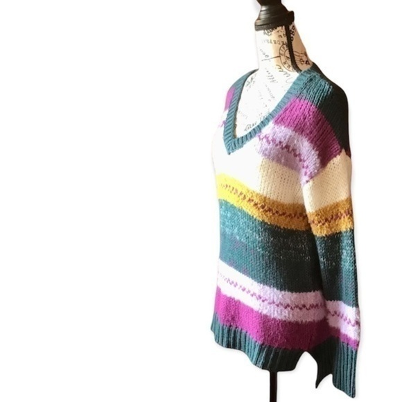 Caslon Striped V-Neck Knit Sweater Womens XS Colorblock Pullover Coastal Preppy - Picture 3 of 11